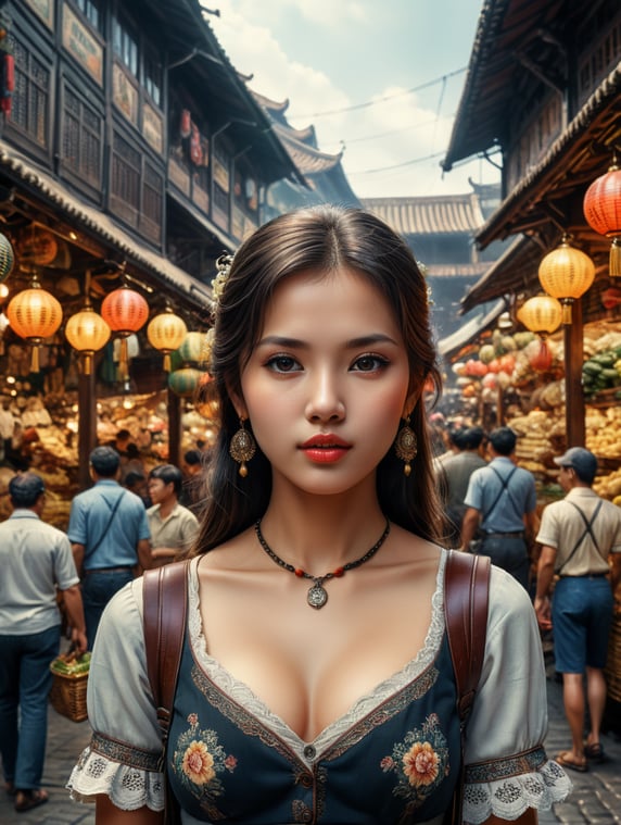 There is a retro girl in front of traditional market. The market is too crowded. the photo taken by camera nikon FM 10 with 50mm of lens.