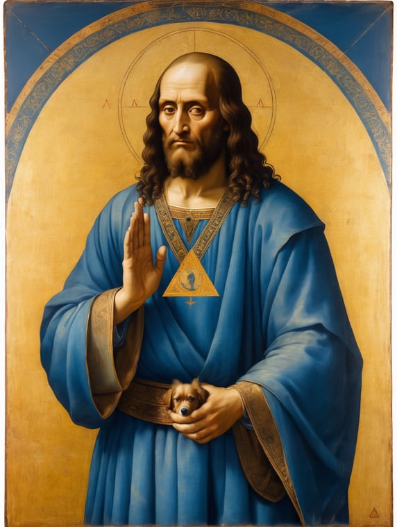 icon painted by Leonardo Davinci, portrait of a man with a dog's head, clothes in a blue coverlet, hand crossing fingers, glow around the head in the form of a triangle