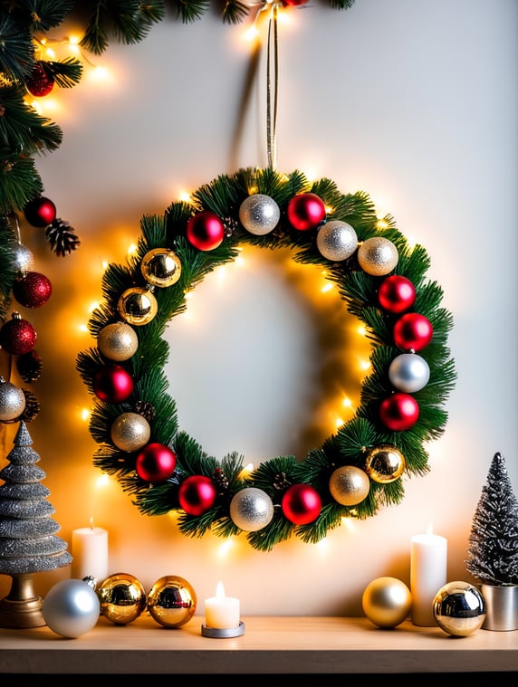 Pine Christmas wreath with balls and Christmas lights