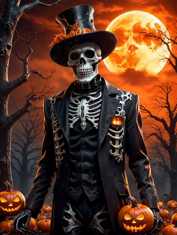 A realistic Halloween party poster with a spooky theme. The poster has a black background with an orange sky and a full moon. The main subject is a skeleton wearing a hat and a coat, standing in front of a tree with a jack-o-lantern on it