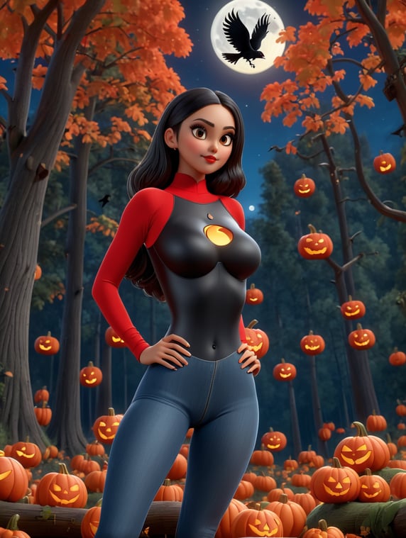 Eiza González, Dark Night, In the background a forest, A bright moon, Halloween day, black crows, tits, pumpkins, A red gerbera on the head on the right side, black leotard, blue jeans