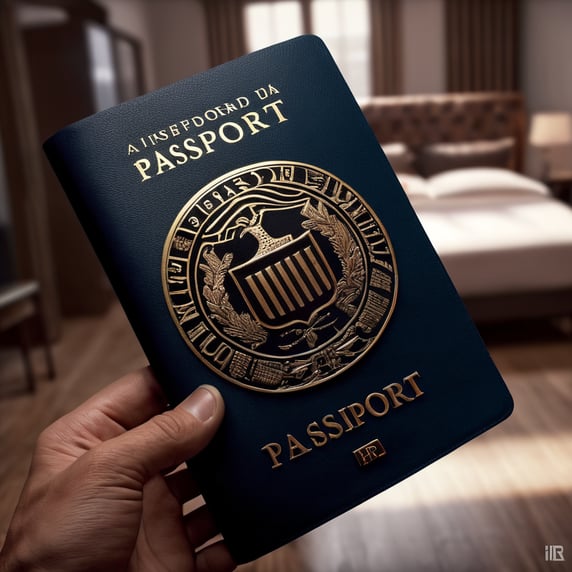 A top zoomed shot of a male hand catching an opened passport with nice interior apartment popping out from the opened passport , cinematic, octane , hyper detailed , concept composition.
