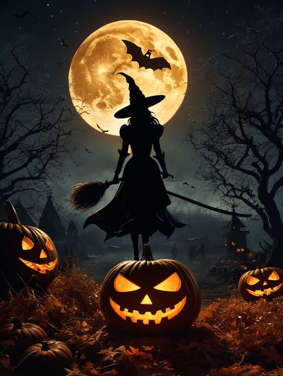 Halloween pumpkin scene, dramatic lighting at night, around the pumpkin, but in the night sky the silhouette of a witch flying on a broomstick, crescent moon and stars. Depth of field.