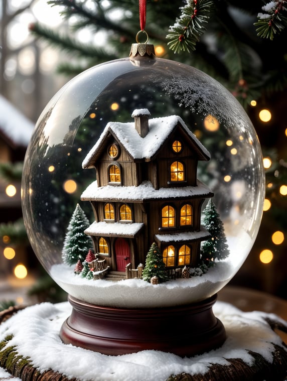Christmas transparent ball with falling snow and fairy house, Santa, Christmas three