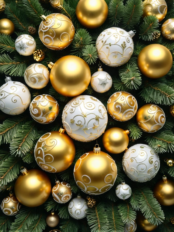 golden and white christmas balls of different sizes on green colored pine branches, top view