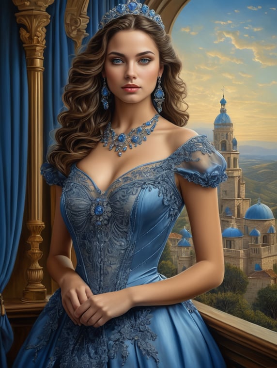 Michael Cheval style illustration, of a twenty-year-old woman, very beautiful, similar to Veronica Castro, dressed in a beautiful blue dress.