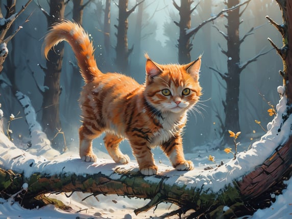 Ginger kitten walking along a tree branch in a tree covered in snow. Sunny day, viewed from the side.