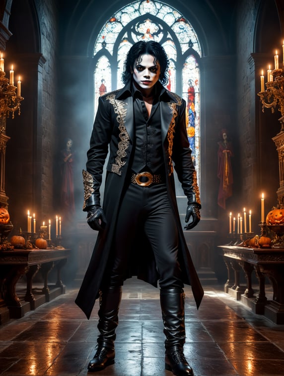 Generate a stunningly realistic image of Michael Jackson dressed up in a terrifying Halloween costume and giving a masterful performance in a mysterious, dark church. Make sure the atmosphere of the church is eerie and spooky, with ominous lighting, shadows and decorations that enhance the Halloween atmosphere. The image must be of such high quality that it is difficult to believe that it is not real; Genereer een verbluffend realistische afbeelding waarop Michael Jackson is verkleed in een angstaanjagend Halloween-kostuum en een meesterlijk optreden geeft in een mysterieuze, donkere kerk. Zorg ervoor dat de atmosfeer van de kerk angstaanjagend en spookachtig is, met onheilspellende verlichting, schaduwen en decoraties die de Halloween-sfeer versterken. De afbeelding moet van zodanig hoge kwaliteit zijn dat het moeilijk is om te geloven dat het niet echt is