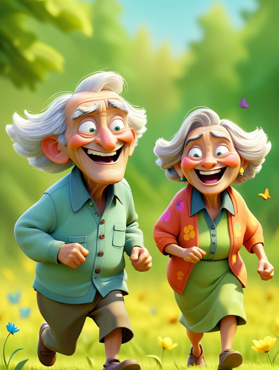 Two retired elder people with wrinkled faces, running in field like children, chasing butterflies, smiling and happy, dressed like children, colourful.