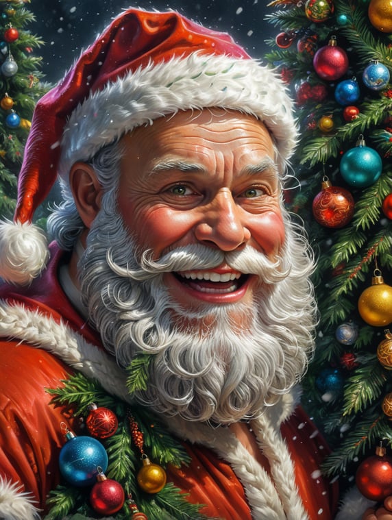 Cartoon closeup of friendly and funny Santa Claus with christmas tree snow elves and christmas decoration colored pencils and paintbrushes; Primer plano de caricatura de amigable y divertido Papá Noel con árbol de navidad nieve elfos y decoración de navidad lápices de colores y pinceles