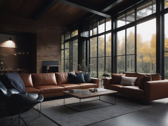 Create a photorealistic image of a spacious living room, large windows, tall roof, brick walls, fireplace, modern couch and wooden coffee table, autumn forest view outside the window, warm lighting, digital photography, complex, elegant, highly detailed, highly detailed face, photography, unreal engine, perfect composition, hyperrealistic, super detailed, highly detailed texture