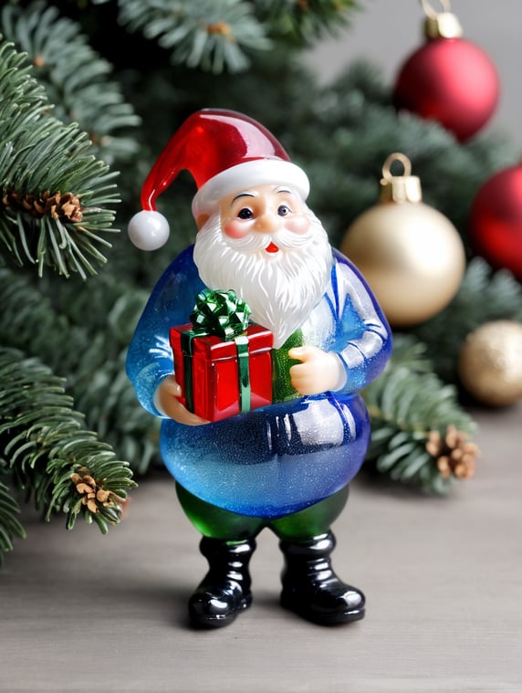 Old gnome small glass glass figure holding gift box, christmas toy for the christmas tree