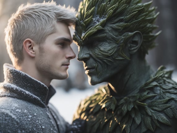 jack frost and green man facing each other, fighting, battle, snow on jack frost's side, sunlight on green man's side