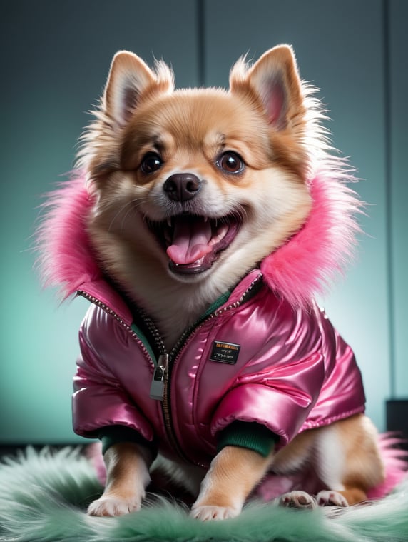 a fluffy, cute, little dog like the reference image, pink fur, big open mouth with large smiling teeth, mouth wide open, wearing a pink jacket, frontal, dark green ambient light in the background