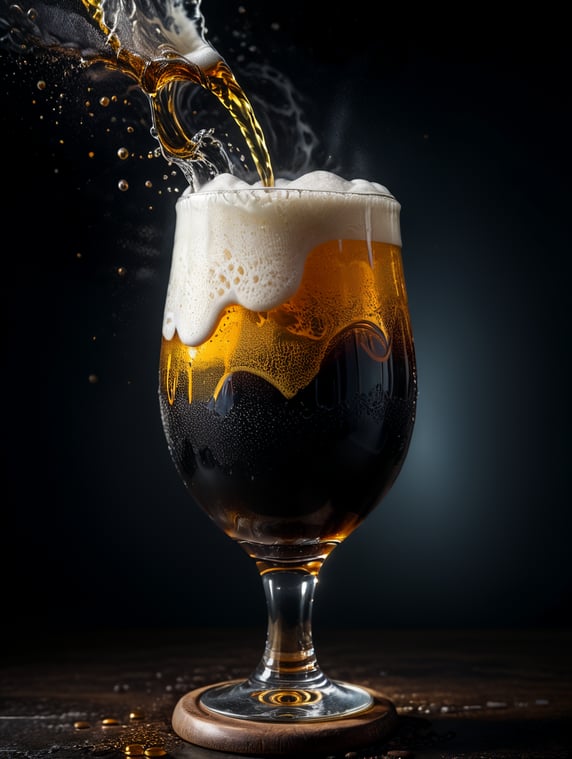 professional photo of a black beer glass, Beer foam coming out of a glass, isolated, black background