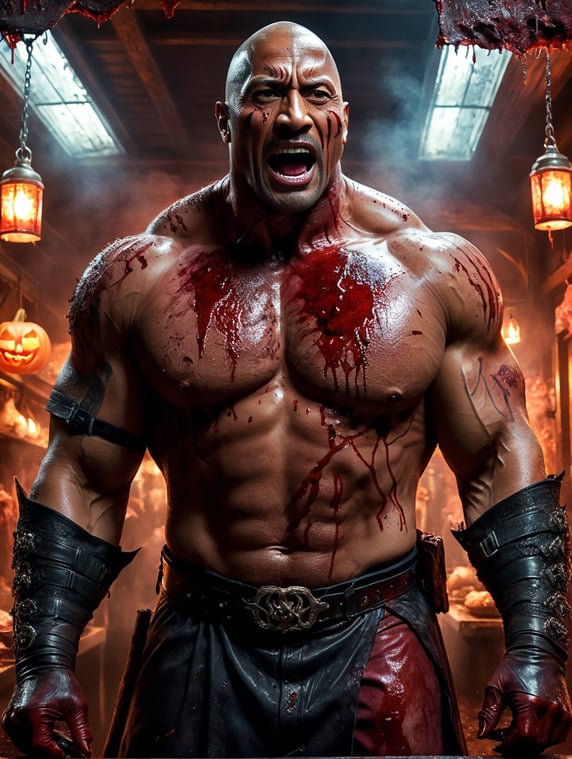 By Sony Pictures, spooky Halloween eve, Dwayne Johnson donning a nightmarish, gore-drenched butcher costume, haunting the eerie, blood-spattered butcher shop, surreal horror, Halloween charm, cinematic photography, action shoot, movement, epic, high definition