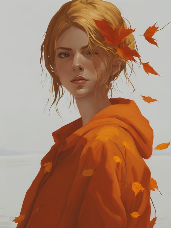 A beautiful full-height girl in an autumn attire. Around her, yellow fallen leaves are swirling, with plenty of sunlight. In the background, there are ripe red apples. Around her, flowers are in full bloom, it's morning. The girl is looking at her reflection in the lake. A full-height girl in autumn colors and leaves stands by the lake, looking at her reflection in the water. An image in soft pastel shades: yellow and lavender.