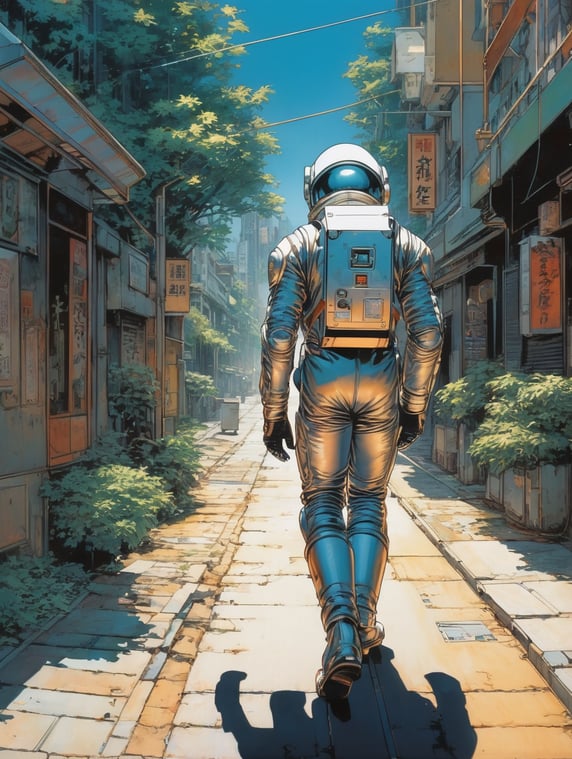 Vintage 90's anime style. a lonely astronaut walking down the by hajime sorayama, greg tocchini, virgil finlay, sci-fi. line art. environmental arcade art.