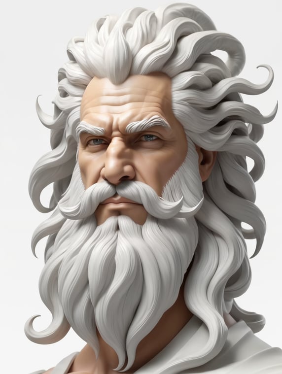 I want a portrait of Zeus to look like 3D zbrush and be done in a single color. remove the snake look and texture from your hair, make your hair white