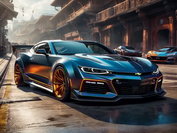 A video game visual of racing cars parked in line that conveys "crew", in order a futuristic Chevrolet Camaro SS, a futuristic Tesla Model 3, and other futuristic cars, dynamic composition, Asphalt 9 Legends style, incredible graphics, 4k