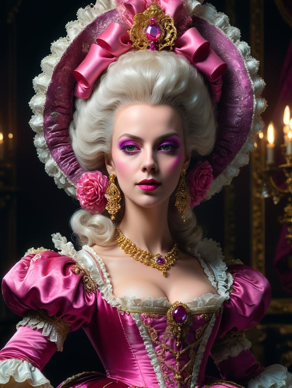 Glam metal Marie Antoinette, beautiful, gorgeous, rococo, magenta, volumetric light, very detailed, close up portrait, fashion photography