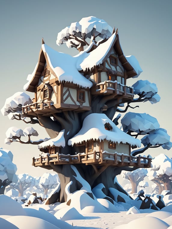 Dwarves' house on a branching tree, a lot of snow, low poly style