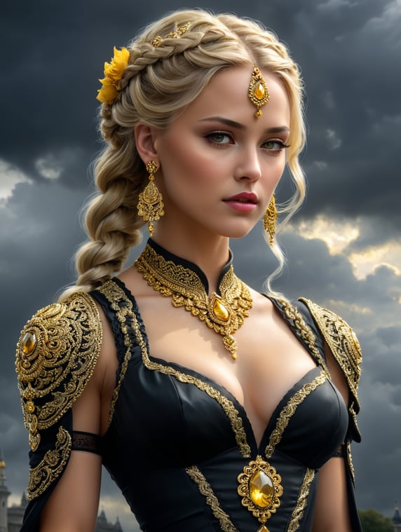 blonde woman, hair with braids, thin gold crown, golden bracelets, wearing long black V-cut dress, long dress, golden details on the dress, bright yellow eyes, looking straight on, gray sky in the background