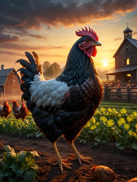 chicken on a farm at sunrise