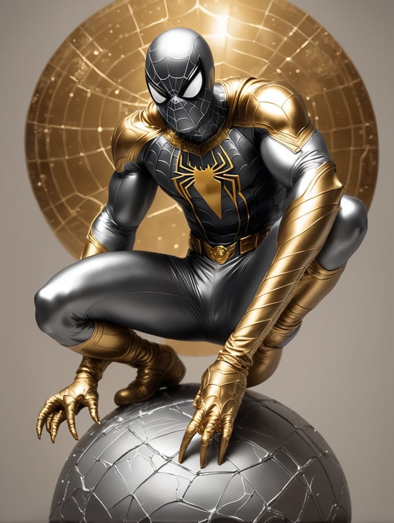 Make me a Spiderman character who has super powers with a gold and silver coat and sits on top of the solar system; Buatkan saya karakter Spiderman yang memiliki kekuatan super dengan jubah berlapis emas dan perak dan duduk diatas sistem solar tata Surya