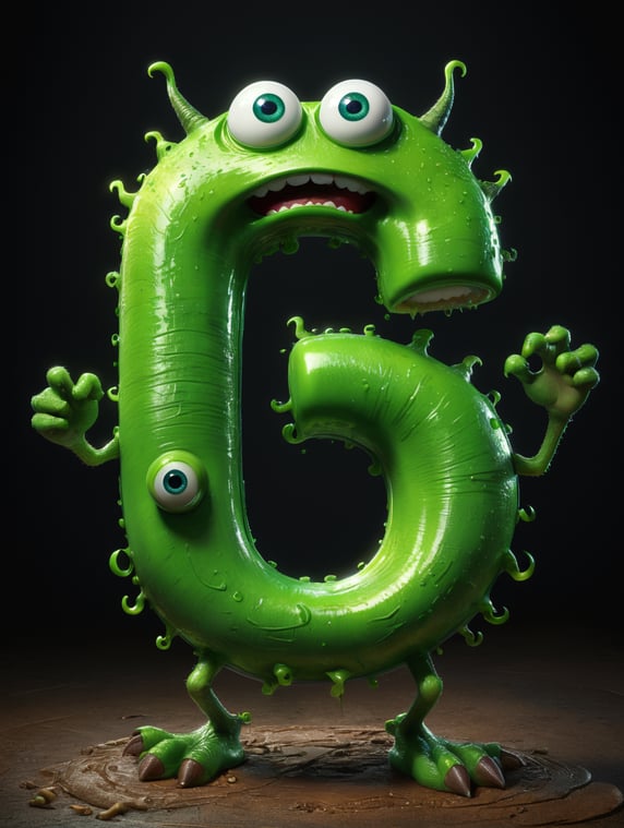 Green letter C with eyes, arms and legs, Disney pixar style candy goo; Letra C verde com olhos braços e perna estilo uma gosma de doce estilo Disney pixar
