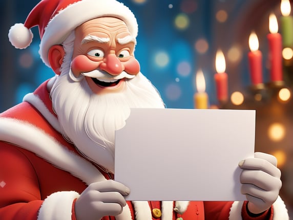 Portrait of Santa Claus smiling, White Background, holding a white business card, whimsical facial expression, flowing white beard, jolly caricature, saturated colors, red outfit, sharp focus, portrait photography, depth of field, dramatic candlelit lighting, incredibly high detailed,