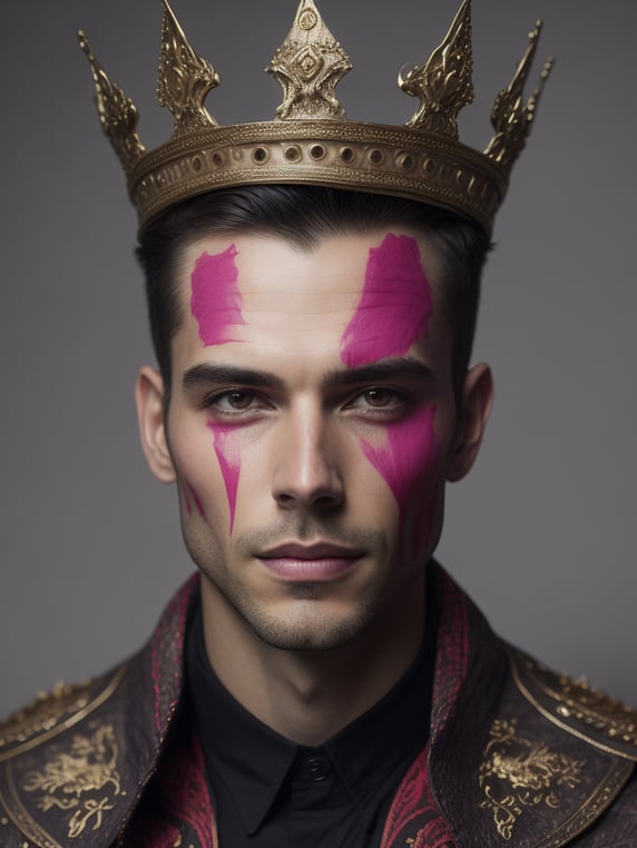 a man wearing a crown with pink paint on his face and a crown on his head by Alejandro Jodorowsky