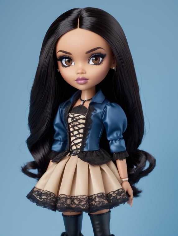 Bratz doll, beige skin tone, black hair medium length, brown eyes, wearing gothic clothes, on a blue background