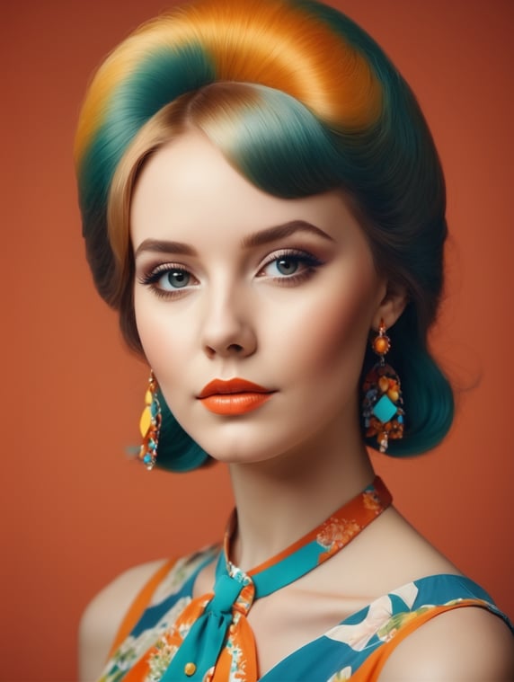 Portrait of a girl dressed in a dress in the style of the 70s, hairstyle in the style of the 70s, Bright colors, retro style,