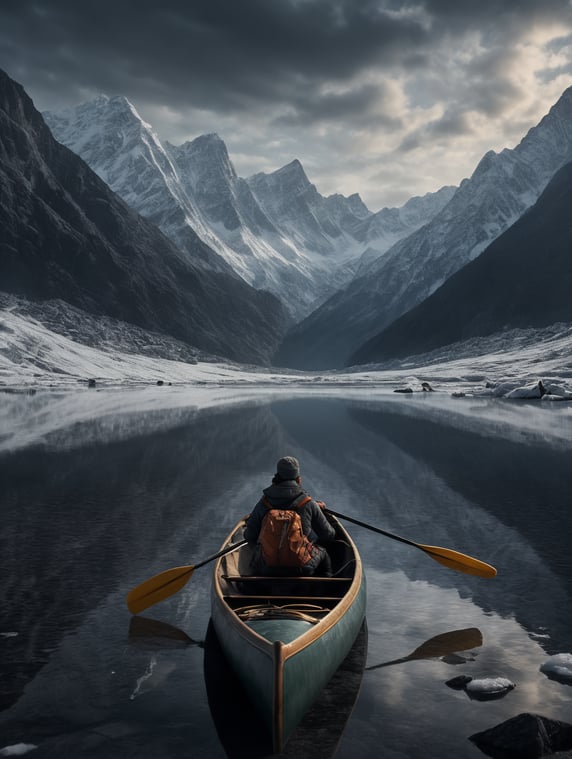Woman in canoe paddling on snowy plain between high mountains; Kvinne i kano som padler kano på snødekt slette mellom høye fjell