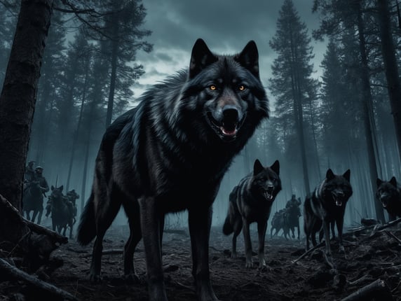 in dark night angry black wolf crowd together with soldiers in woods searching for prey. In background many quadrocopters fly in in sky. Pencil comic, thick black lines, drawing, sharp corner lines