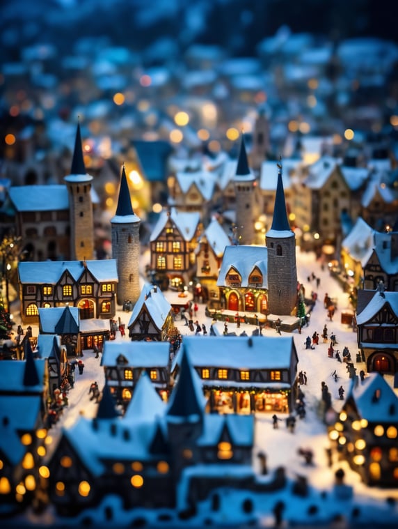 tilt shift photography of a Christmas medieval fantasy miniature city, depth of view, sunny, at night, snowy weather