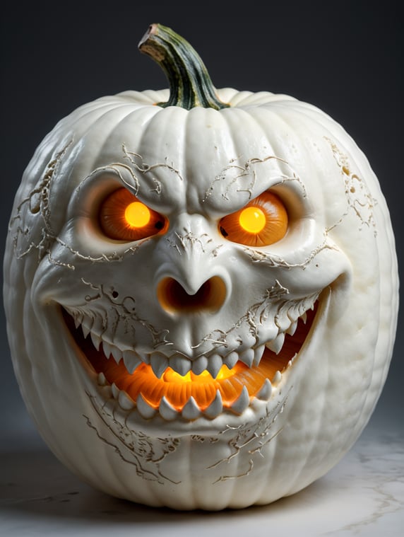 a white halloween pumpkin on a white endless background. image seen from the front.; uma abóbora do halloween branca em um fundo infinito branco. imagem vista de frente.