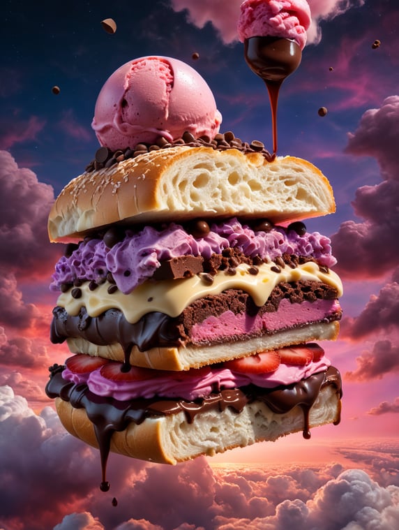 Sandwich made with melt cheese, melt chocolate, red ice cream, chocolate chips. The sandwich is flying in a magic sky with pink and violets clouds