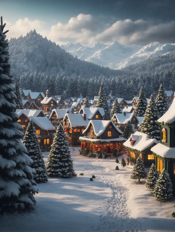 a landscape showing a field of snow with pine trees and holly trees decorated with ornaments in the foreground in the theme of the Christmas village, depth of field, bright and saturated colors, highly detailed.