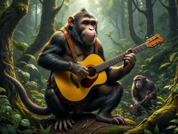 monkey playing guitar in the forest; singe qui joue de la guitare dans la forêt