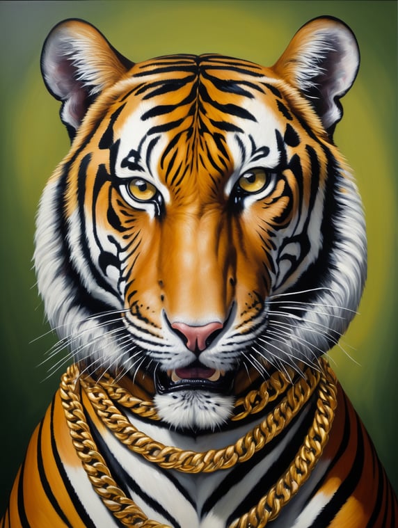 a angry tiger with a gold chain on neck, style of Catherine Nolin, Painting, Acrylic, Oil, Portrait, Interior, USA