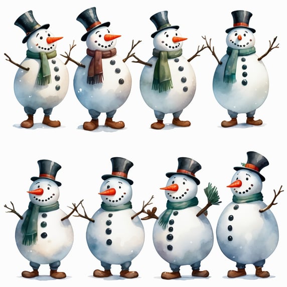 Snowman, different angles and expressions, full body only character sheets, multiple poses, white background, whimsical watercolor
