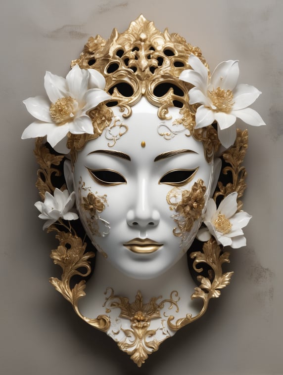 A beautifully crafted porcelain mask with intricate floral patterns and delicate golden accents, partially cracked and shattered, revealing the grotesque yet emotionally expressive face underneath. The exposed face features asymmetrical features, rough textures, and a raw, haunting beauty, contrasted by the smooth, pristine porcelain. The scene is lit with dramatic chiaroscuro lighting, emphasizing the contrast between the elegant mask and the unsettling face below, evoking a sense of mystery and tension.