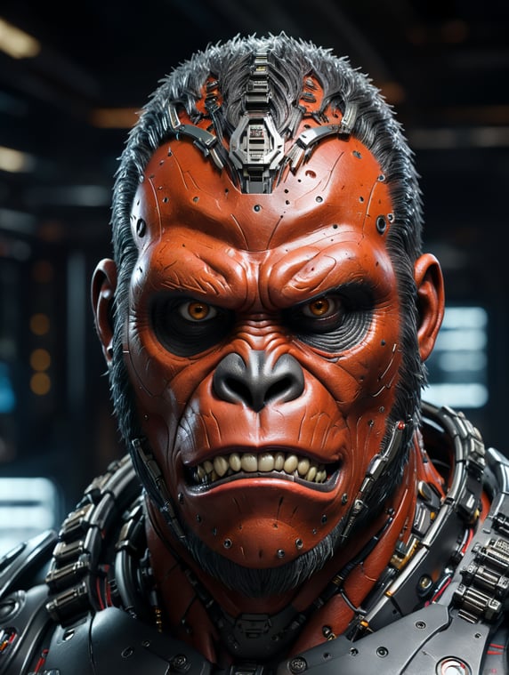 swap dp techie as cybernetic gorilla, hyper-realistic
