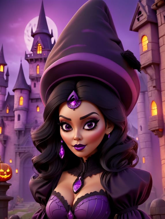 Portrait of Kim Kardashian in a witch costume for Halloween, scary dark makeup on her face, gloomy dark atmosphere, vintage 70s style, purple, pink and black colors, high detail photo, professional photo, against the backdrop of an old creepy castle, contrasting light, bright colors, deep dark atmosphere
