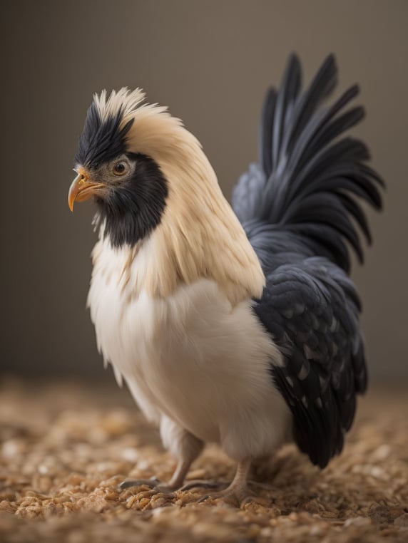 silkie bantam ( chicken) feeding on grain. plain background