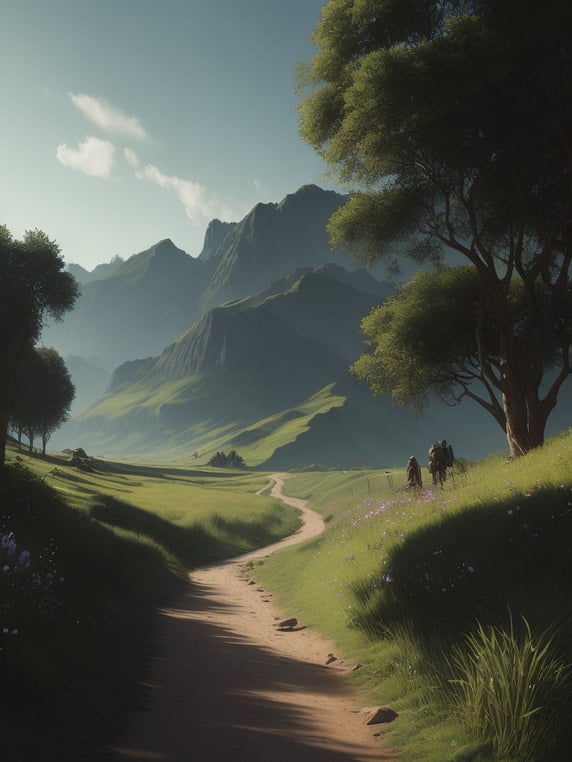 a beautiful fantasy landscape with a dirt road going through a green countryside, digital painting by Noah Bradley