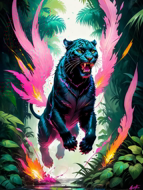 A leaping furry panther surrounded by neon pink flames in a dreamy lush dark green jungle