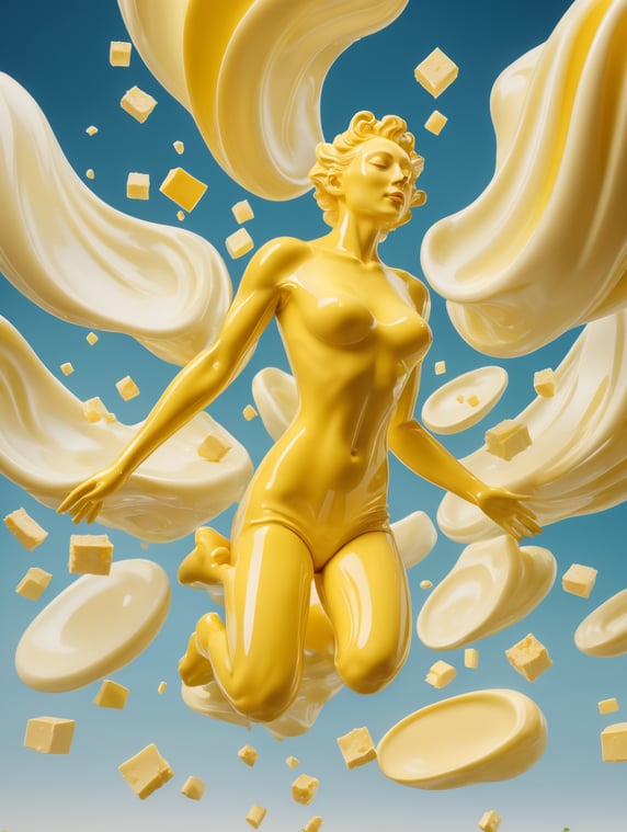 a a person made of butter object, floating in mid air, trippy, looks like a porcelain, structure, gloss, otherworldly, nature, photorealism, rave, butter colour background, light butter, butter, yellow